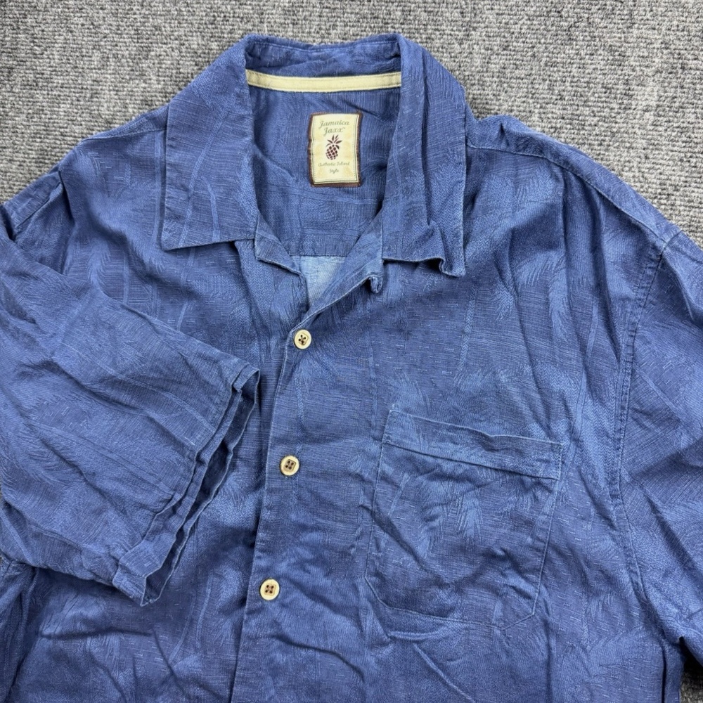 Jamaica Jaxx Hawaiian 100% Silk Shirt Mens Large Blue Palm Trees Beach Camp